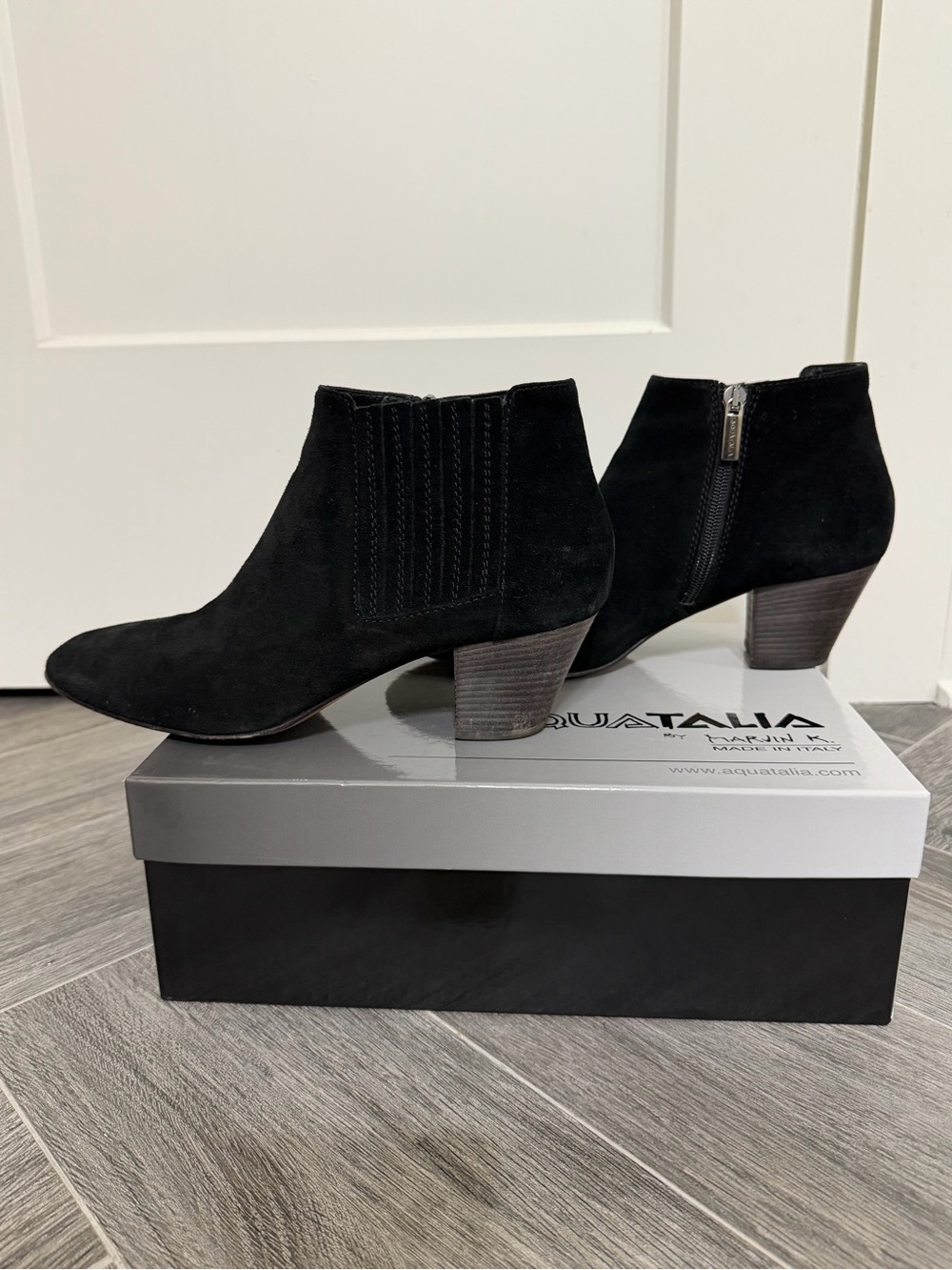 Aquatalia Black Suede Low Heel Ankle Booties